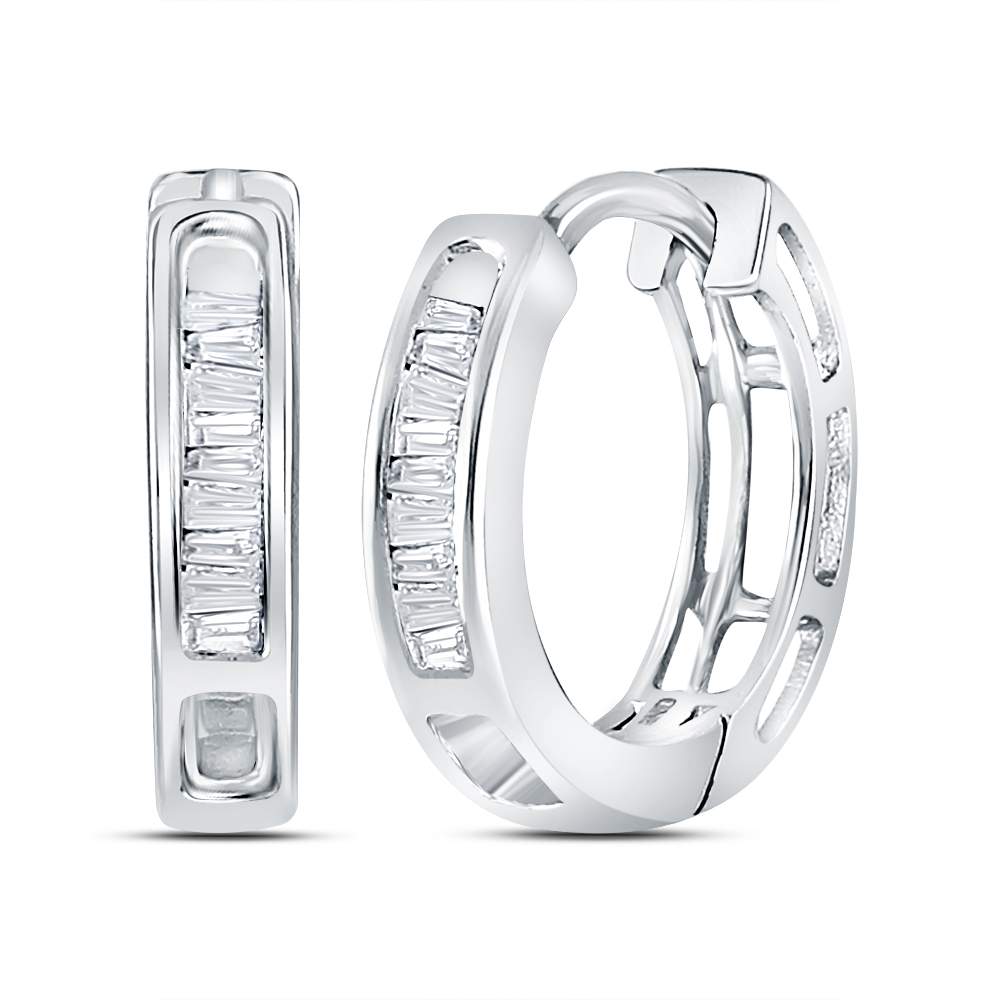 10kt White Gold Womens Baguette Diamond Huggie Hoop Earrings 1/6 Cttw