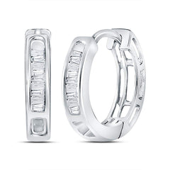 10kt White Gold Womens Baguette Diamond Huggie Hoop Earrings 1/6 Cttw