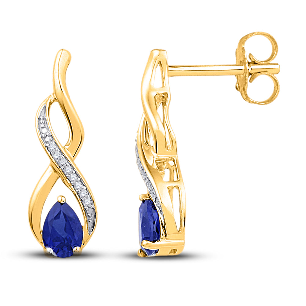 10kt Yellow Gold Womens Pear Lab-Created Blue Sapphire Diamond Earrings 1.00 Cttw