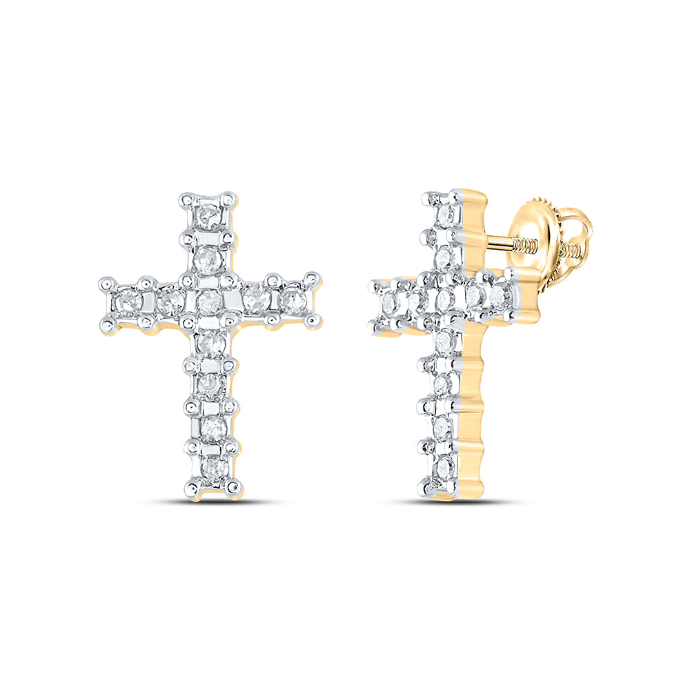 10kt Yellow Gold Womens Round Diamond Roman Cross Religious Stud Earrings 1/10 Cttw