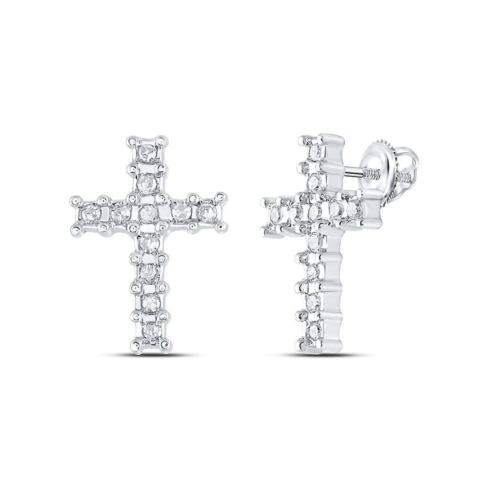 10kt White Gold Womens Round Diamond Roman Cross Religious Stud Earrings 1/10 Cttw