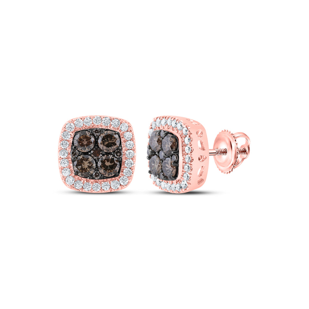 10kt Rose Gold Womens Round Brown Diamond Square Cluster Earrings 1/2 Cttw