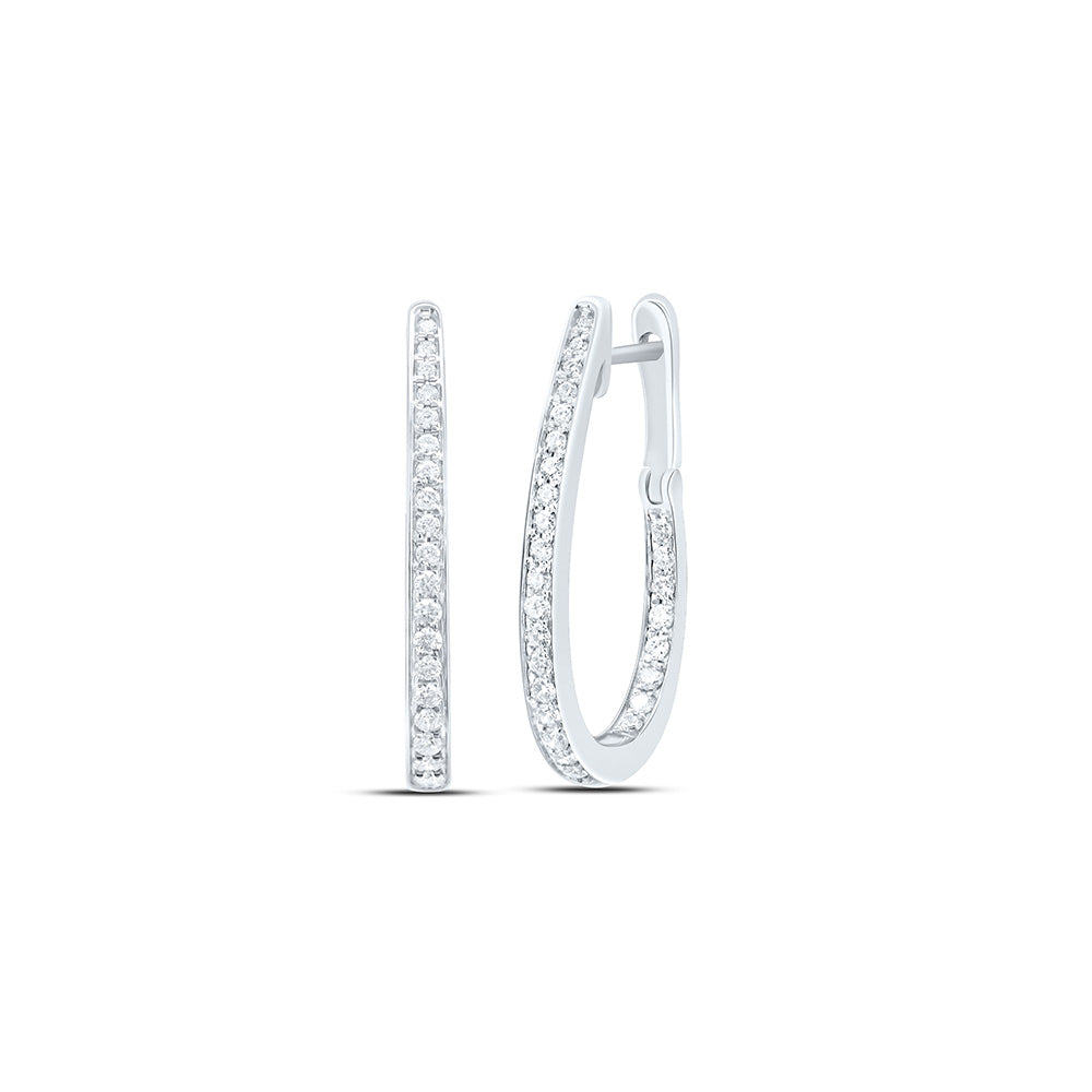 10K White Gold Womens Round Natural Diamond Inside-Outside Oblong Hoop Earrings 1/2 CTW 4.33 Gram