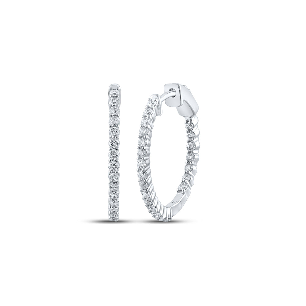 14kt White Gold Womens Round Diamond Inside Outside Hoop Earrings 1.00 Cttw