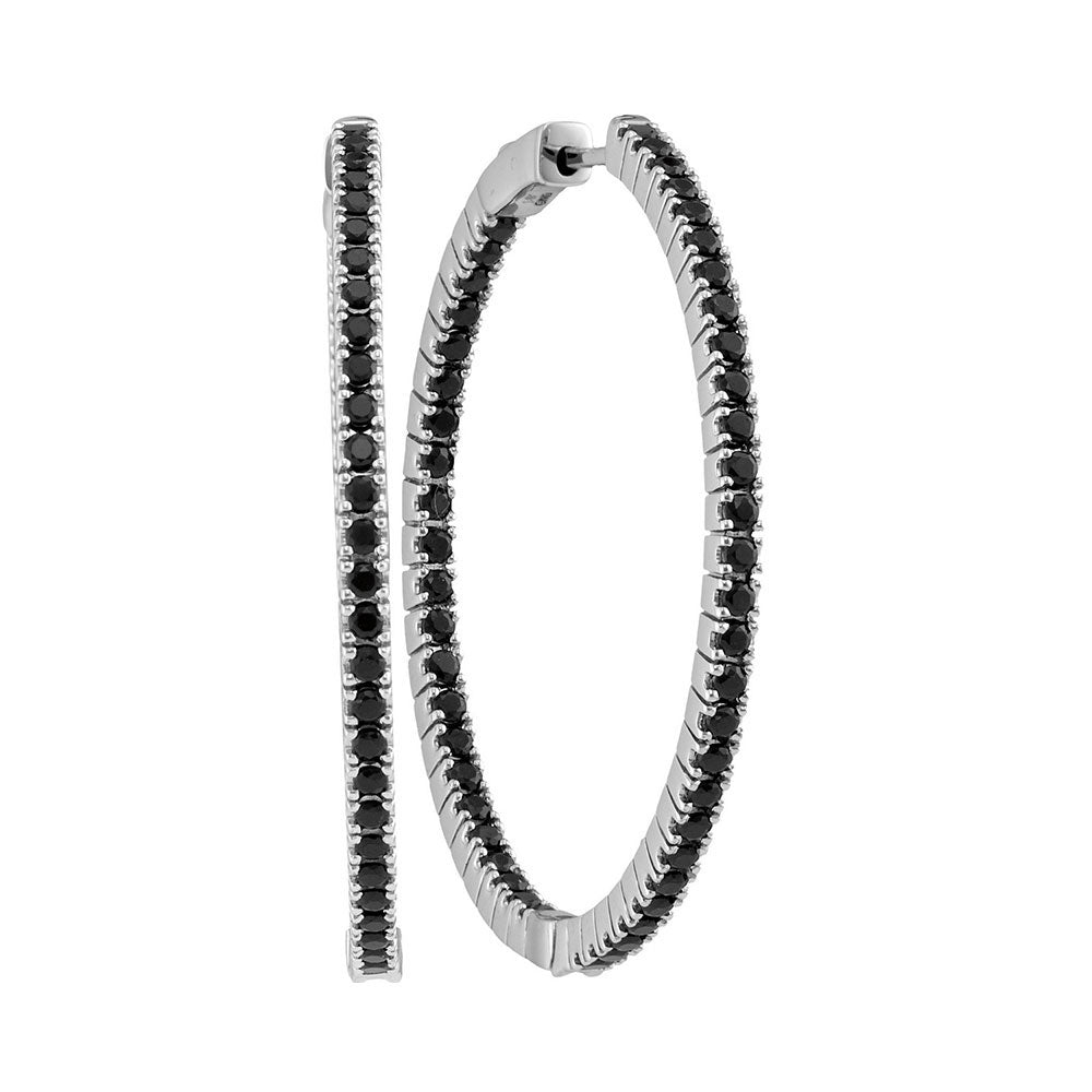 14kt White Gold Womens Round Black Sapphire Slender Inside Outside Hoop Earrings 3-3/4 Cttw