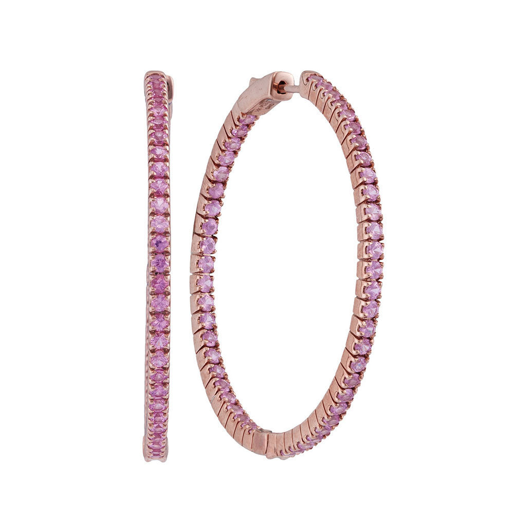 14kt Rose Gold Womens Round Pink Sapphire Inside Outside Hoop Earrings 3-3/4 Cttw