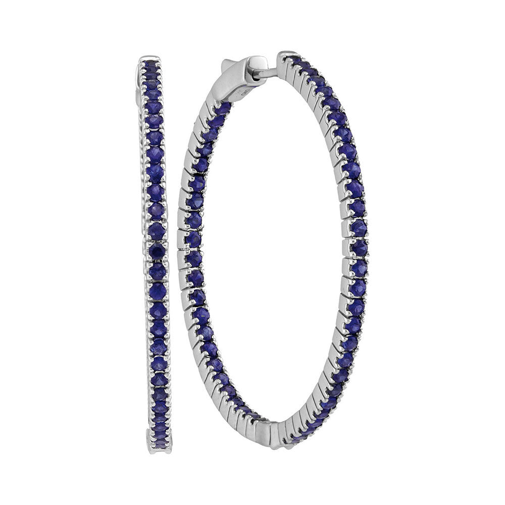 14kt White Gold Womens Round Blue Sapphire Inside Outside Hoop Earrings 3-3/4 Cttw