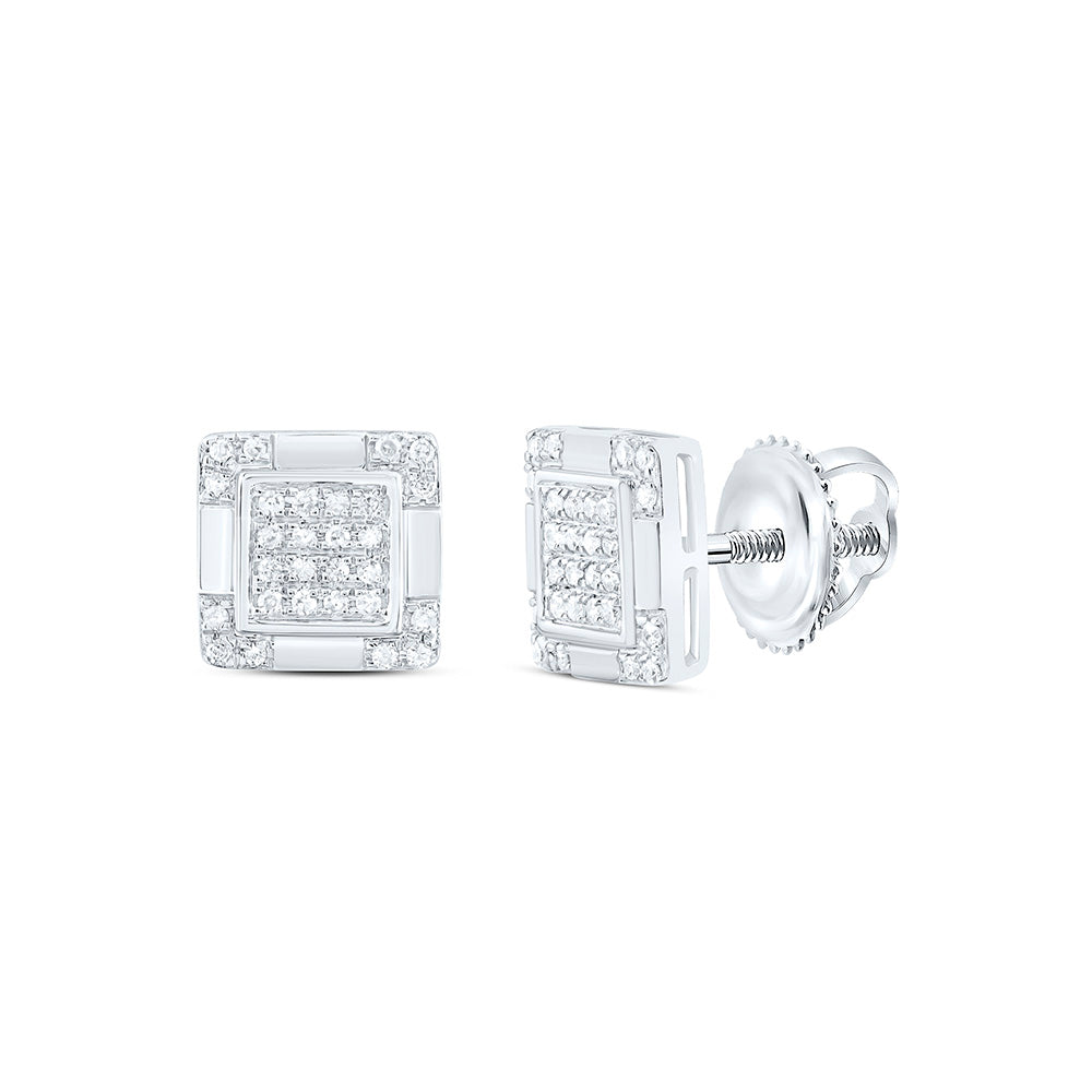 10K White Gold Mens Round Natural Diamond Square Cluster Stud Earrings 1/6 CTW 1.9 Gram