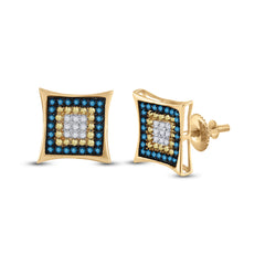 10K Yellow Gold Mens Yellow Blue Color Enhanced Diamond Square Cluster Earrings 1/3 CTW 1.39 Gram
