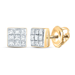 14kt Yellow Gold Womens Princess Diamond Square Cluster Stud Earrings 1/4 Cttw