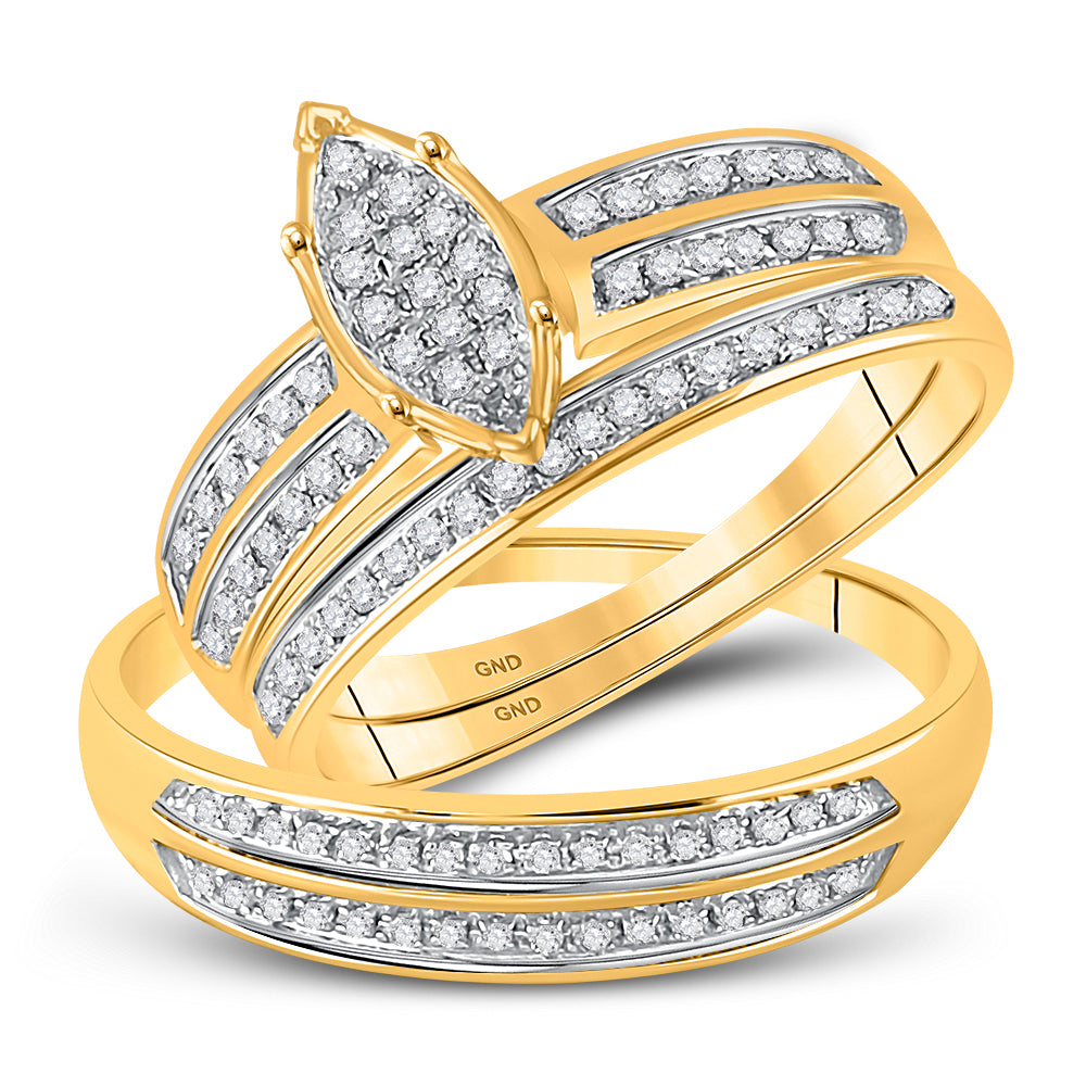 10kt Yellow Gold His & Hers Round Diamond Cluster Matching Bridal Wedding Ring Band Set 1/4 Cttw
