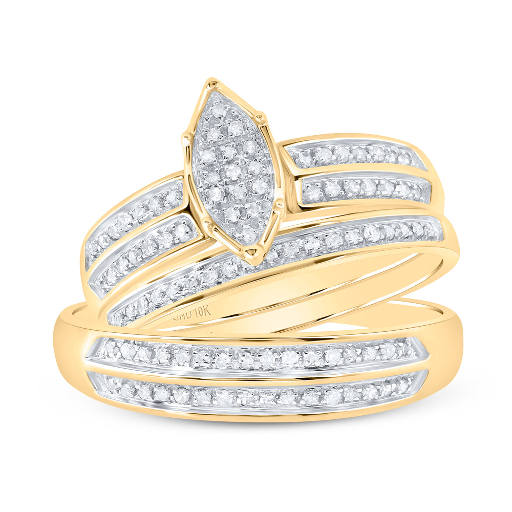 10kt Yellow Gold His & Hers Round Diamond Cluster Matching Bridal Wedding Ring Band Set 1/4 Cttw