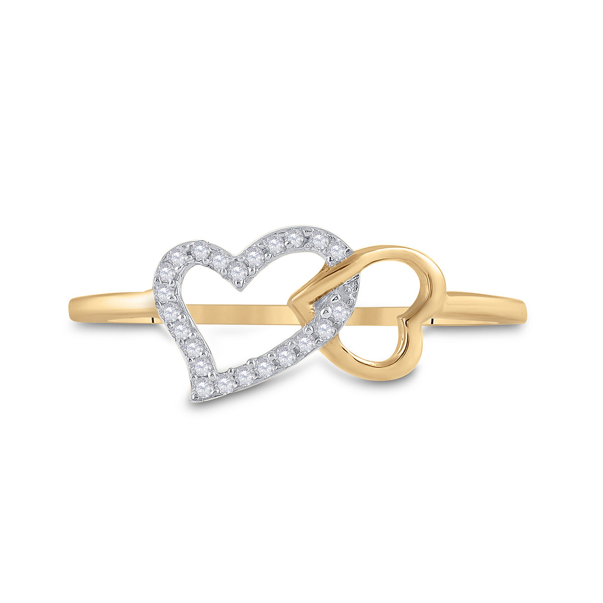 10K Yellow Gold 10K White Gold Womens Round Natural Diamond Double Heart Ring 1/20 CTW 1.17 Gram