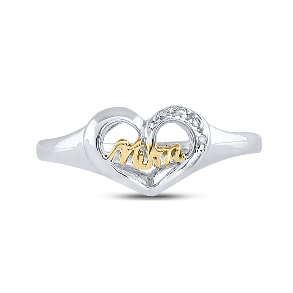Sterling Silver Womens Round Natural Diamond Mom Mother 2-Tone Heart Ring .02 CTW 1.84 Gram