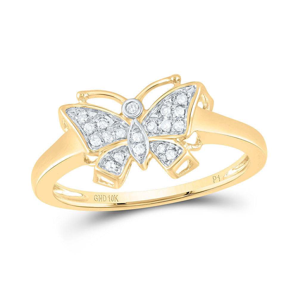 10kt Yellow Gold Womens Round Diamond Butterfly Bug Cluster Ring 1/12 Cttw
