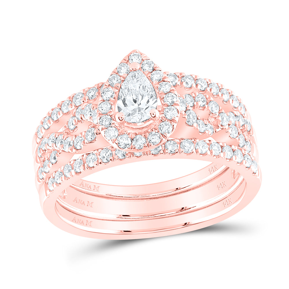 14kt Rose Gold Womens Pear Diamond Bridal Wedding Engagement Ring Band Set 7/8 Cttw (Certified)