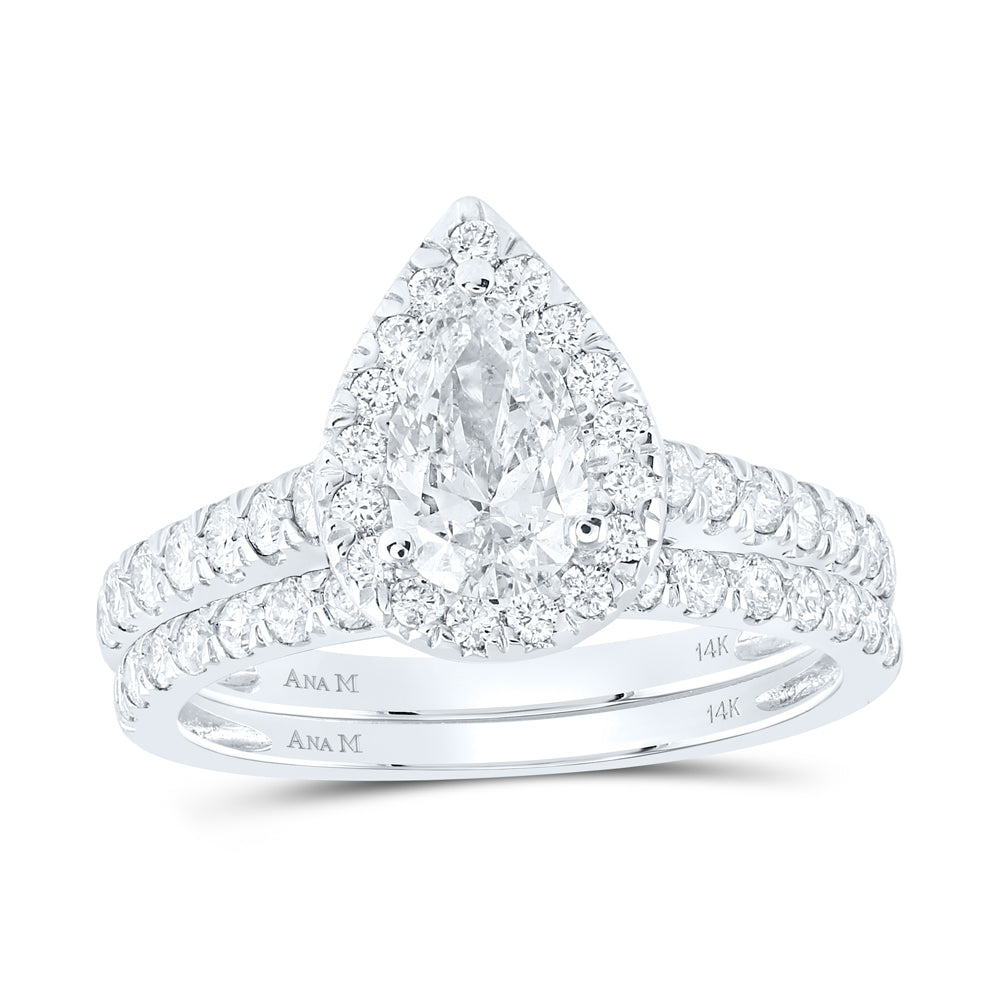 14kt White Gold Womens Pear Diamond Bridal Wedding Engagement Ring Band Set 1-1/2 Cttw (Certified)