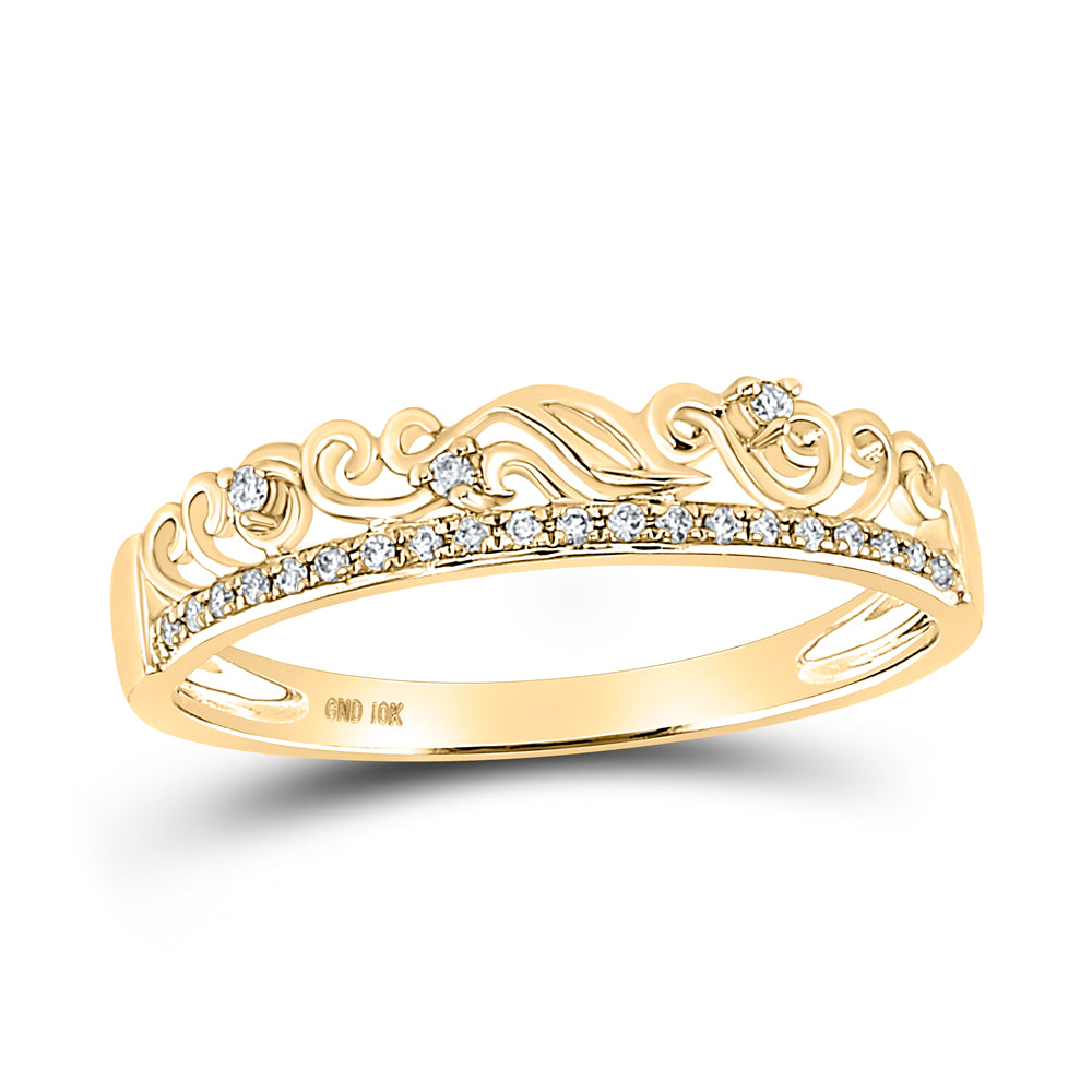 10kt Yellow Gold Womens Round Diamond Floral Accent Stackable Band Ring 1/12 Cttw