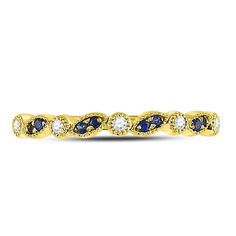 10K Yellow Gold Womens Round Blue Sapphire Diamond Stackable Band Ring 1/10 CTW 1.42 Gram