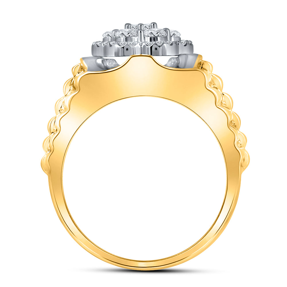10kt Two-tone Yellow White Gold Mens Round Diamond Flower Cluster Ribbed Ring 1.00 Cttw