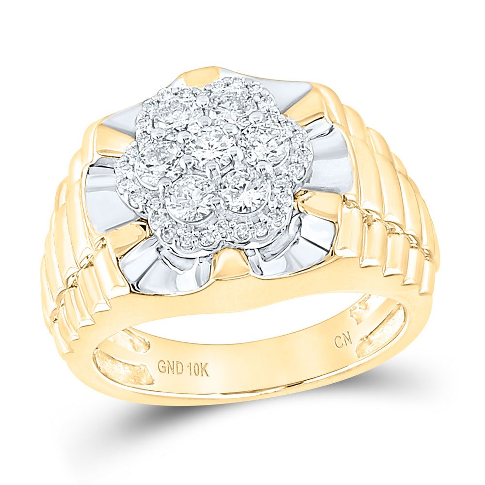 10kt Two-tone Yellow White Gold Mens Round Diamond Flower Cluster Ribbed Ring 1.00 Cttw