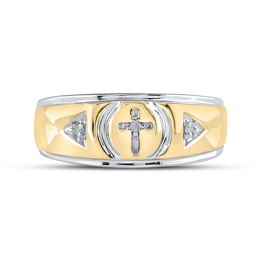 Yellow-tone Sterling Silver Mens Round Diamond Cross Wedding Band Ring 1/20 Cttw