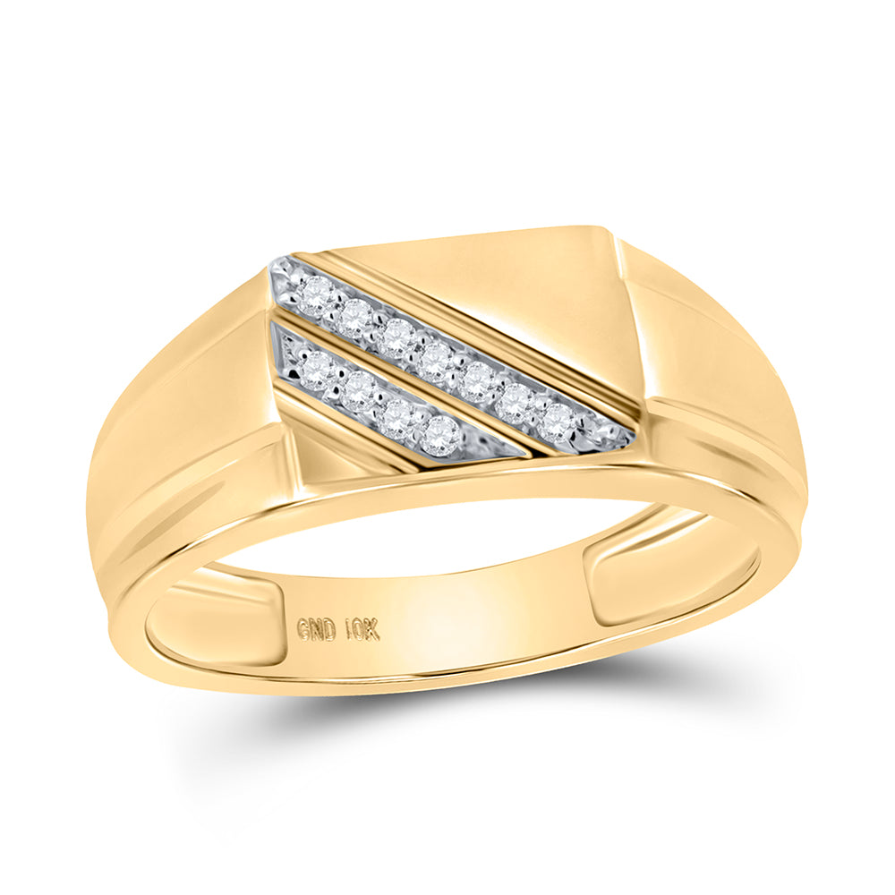 10kt Yellow Gold Mens Round Diamond Diagonal Row Flat Top Fashion Ring 1/12 Cttw