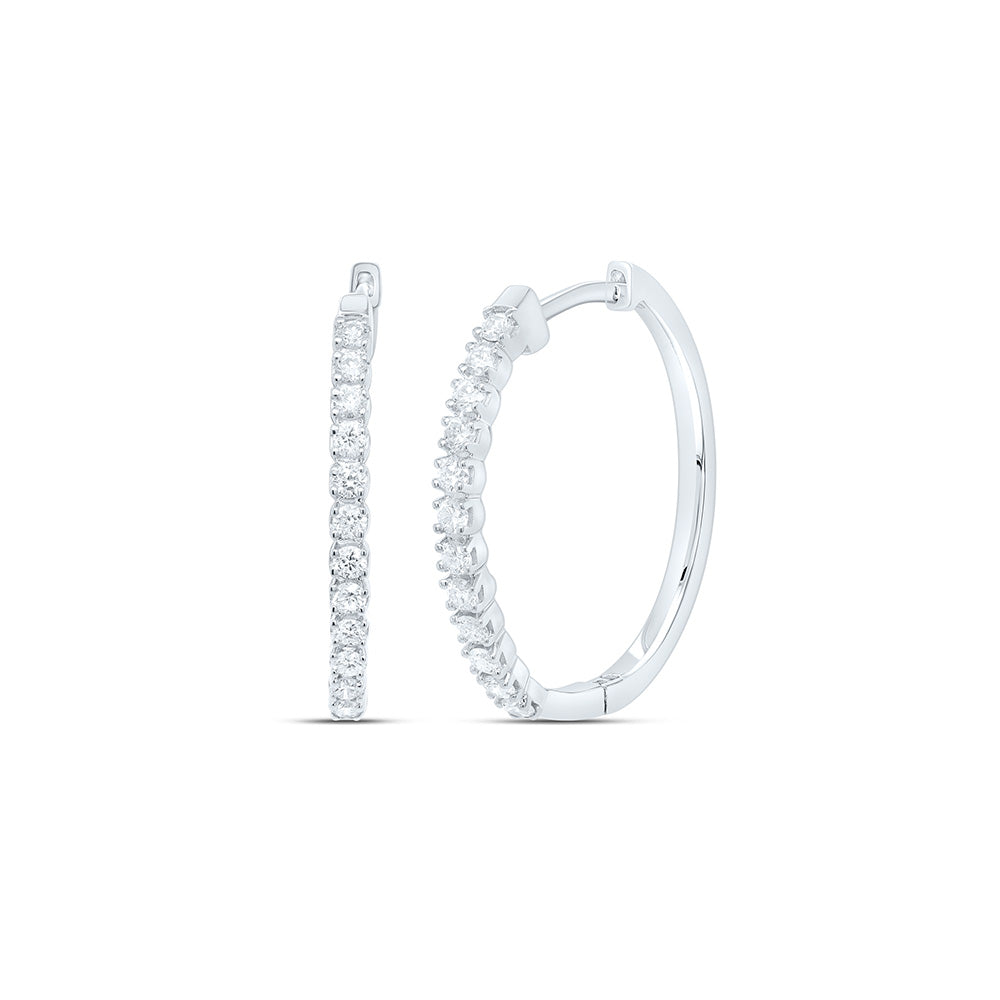 10K White Gold Womens Round Natural Diamond Slender Single Row Hoop Earrings 1/4 CTW 1.72 Gram