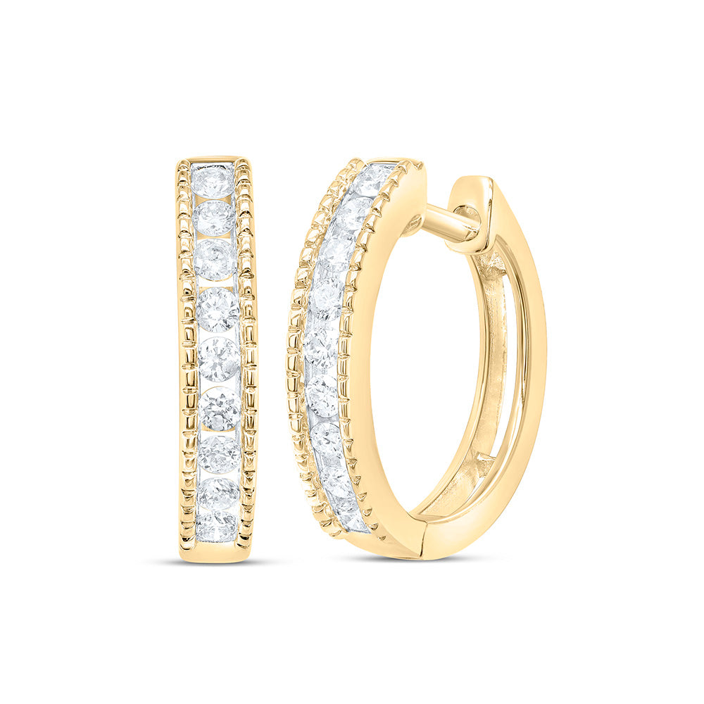 10K Yellow Gold Womens Round Natural Diamond Milgrain Hoop Earrings 1/4 CTW 1.95 Gram