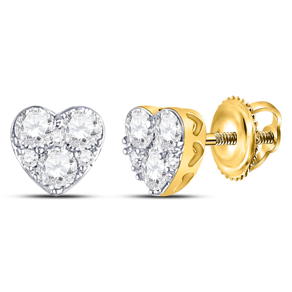 10K Yellow Gold Womens Round Natural Diamond Heart Cluster Stud Earrings 1/2 CTW 0.49 Gram