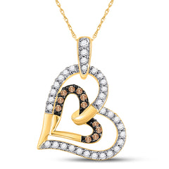 10kt Yellow Gold Womens Round Brown Diamond Heart Pendant 1/3 Cttw