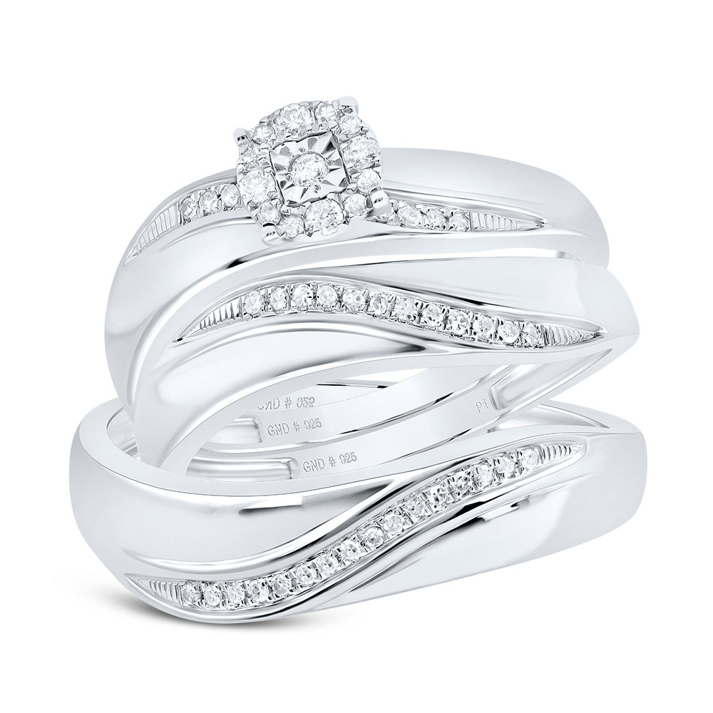 Sterling Silver His & Hers Round Diamond Solitaire Matching Bridal Wedding Ring Band Set 1/5 Cttw