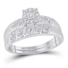 Sterling Silver His & Hers Round Natural Diamond Cluster Matching Bridal Wedding Ring Band Set 1/10 CTW 4.28 Gram