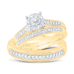 10kt Yellow Gold His & Hers Round Diamond Cluster Matching Bridal Wedding Ring Band Set 3/8 Cttw