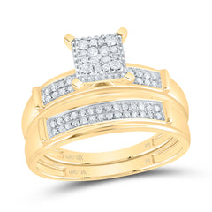 10kt Yellow Gold His & Hers Round Diamond Cluster Matching Bridal Wedding Ring Band Set 3/8 Cttw