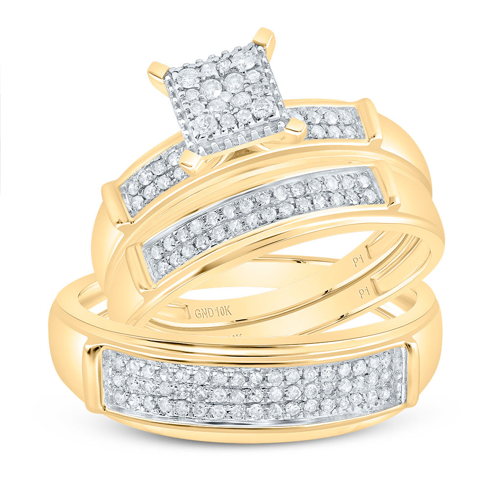 10kt Yellow Gold His & Hers Round Diamond Cluster Matching Bridal Wedding Ring Band Set 3/8 Cttw