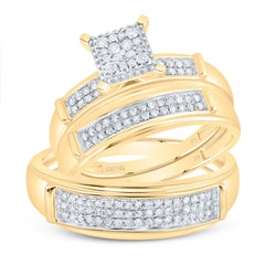 10kt Yellow Gold His & Hers Round Diamond Cluster Matching Bridal Wedding Ring Band Set 3/8 Cttw
