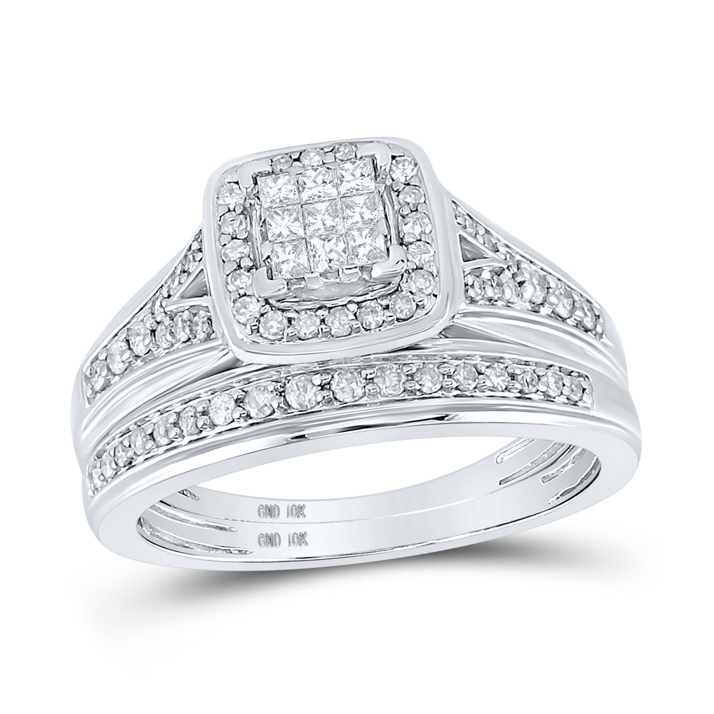 10K White Gold His Hers Princess Diamond Cushion Matching Bridal Wedding Ring Band Set 3/4 CTW 9.28 Gram