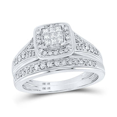 10K White Gold His Hers Princess Diamond Cushion Matching Bridal Wedding Ring Band Set 3/4 CTW 9.28 Gram