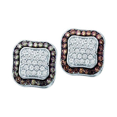 10kt White Gold Womens Round Brown Diamond Square Cluster Earrings 1.00 Cttw