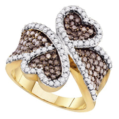 10kt Yellow Gold Womens Round Brown Diamond Heart Ring 1-1/2 Cttw