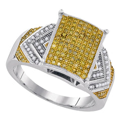 10kt White Gold Womens Round Yellow Color Enhanced Diamond Rectangle Cluster Bridal Wedding Engagement Ring 1/2 Cttw