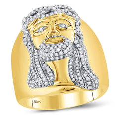 10kt Yellow Gold Mens Round Diamond Jesus Christ Face Cluster Ring 1.00 Cttw