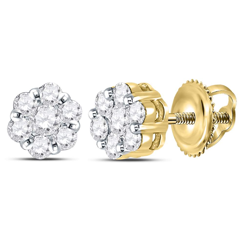 14K Yellow Gold Womens Round Natural Diamond Flower Cluster Earrings 3/4 CTW 1.54 Gram
