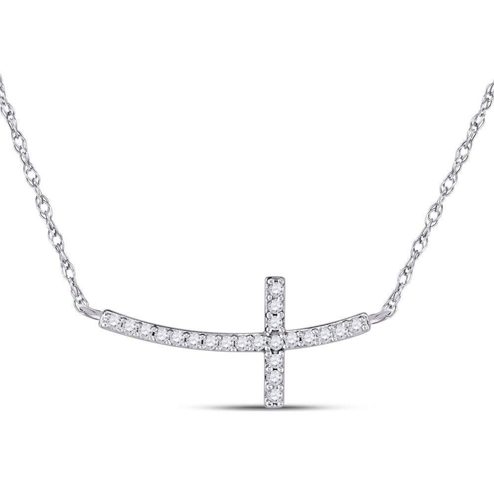 10kt White Gold Womens Round Diamond Small Horizontal Cross Pendant Necklace 1/20 Cttw