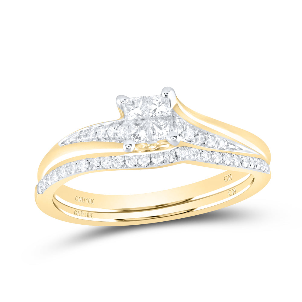 10kt Yellow Gold Princess Diamond Cluster Bridal Wedding Ring Band Set 1/3 Cttw