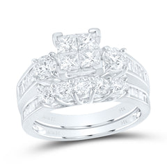14kt White Gold Womens Princess Diamond Cluster Bridal Wedding Engagement Ring Band Set 2.00 Cttw