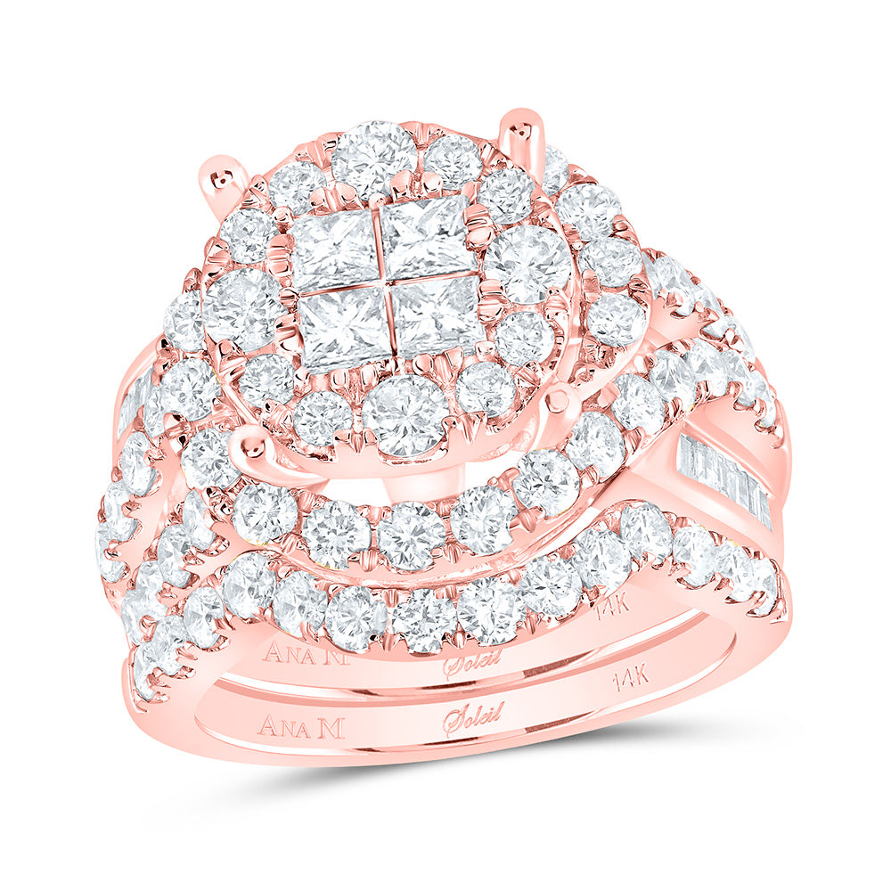 14kt Rose Gold Womens Princess Diamond Bridal Wedding Engagement Ring Band Set 3.00 Cttw
