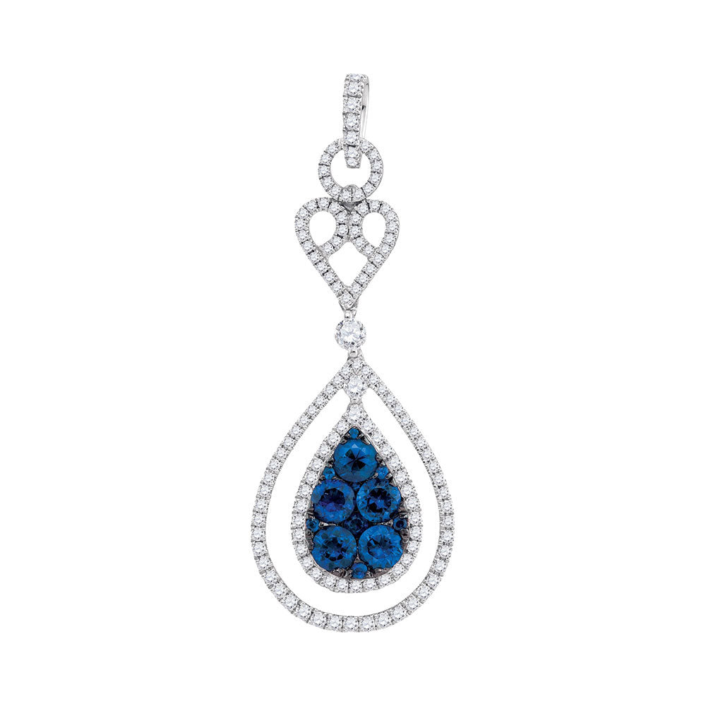 14kt White Gold Womens Round Blue Sapphire Teardrop Diamond Frame Pendant 3/4 Cttw