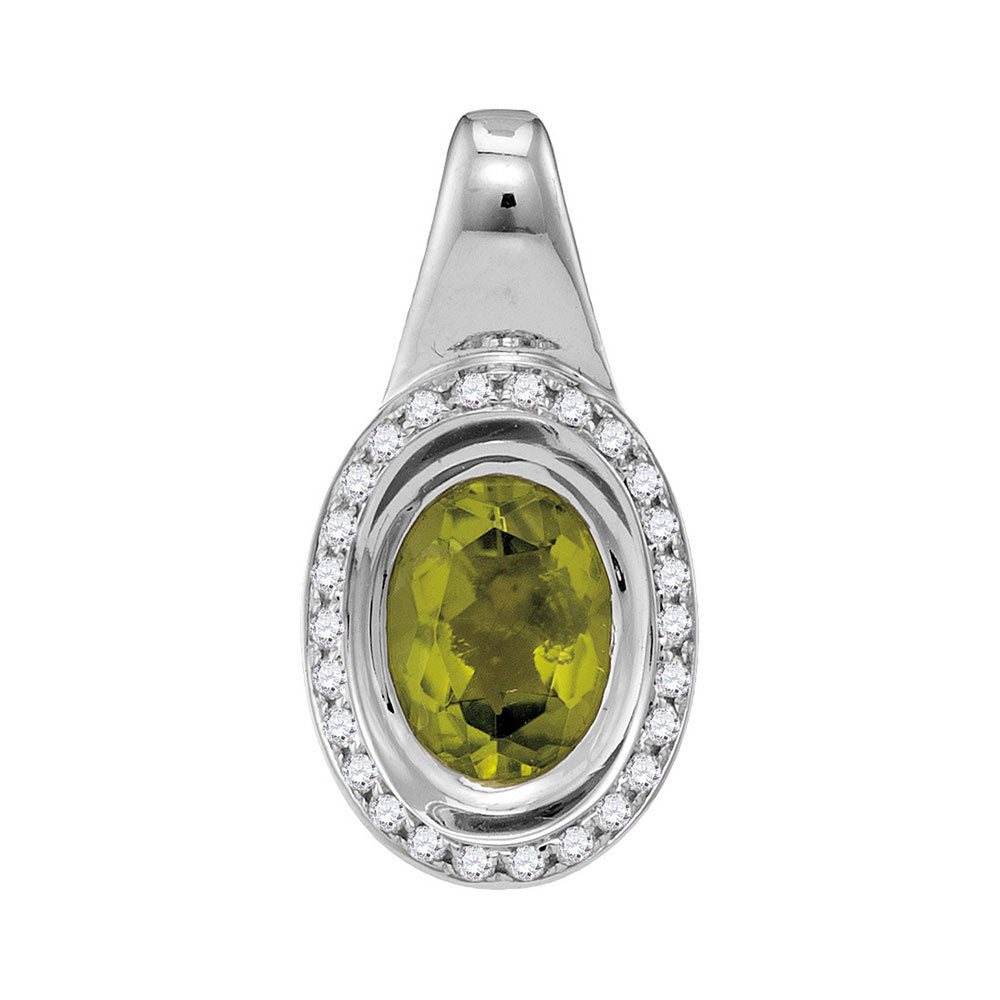 14kt White Gold Womens Oval Peridot Solitaire Diamond Accent Pendant 1-1/2 Cttw